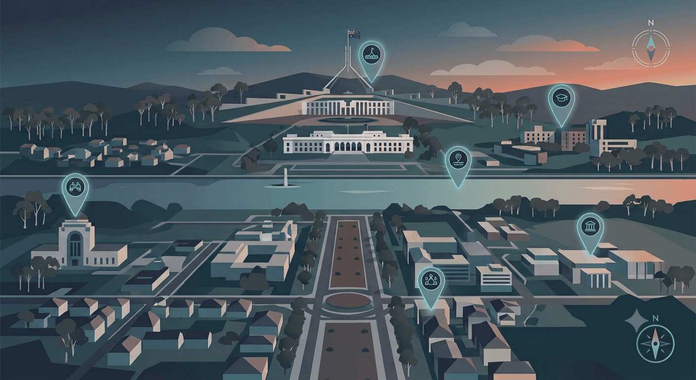 Illustrated map of Canberra with location pins marking community businesses
